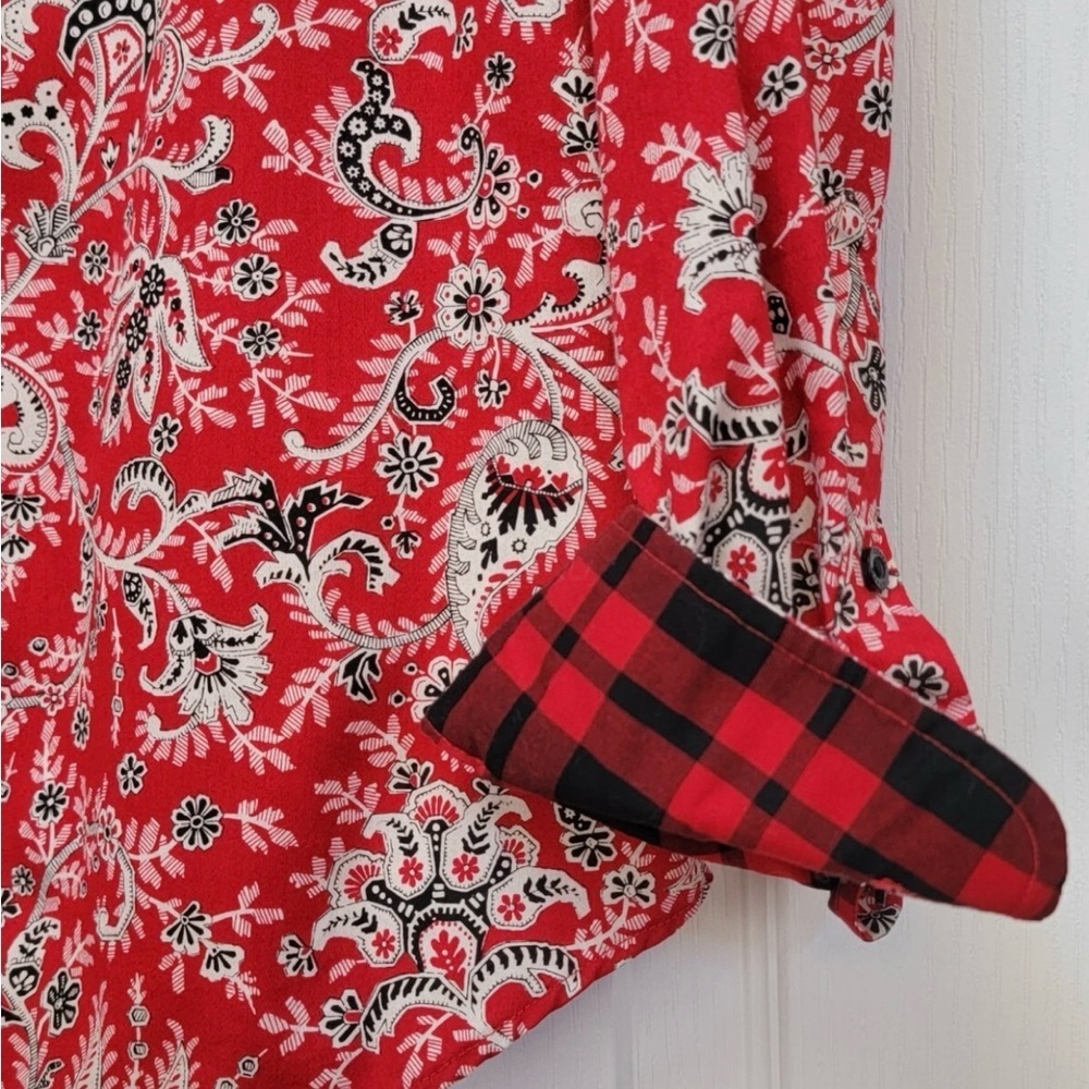 Chaps Shirt Women's Sz 2X No Iron Red Paisley Button-Up Buffalo Plaid Flip Cuff - Picture 3 of 7